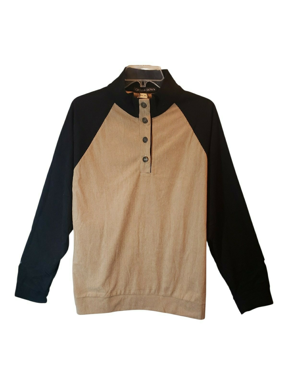 Cross&Crown med brand pullover features a color-block design with beige corduroy